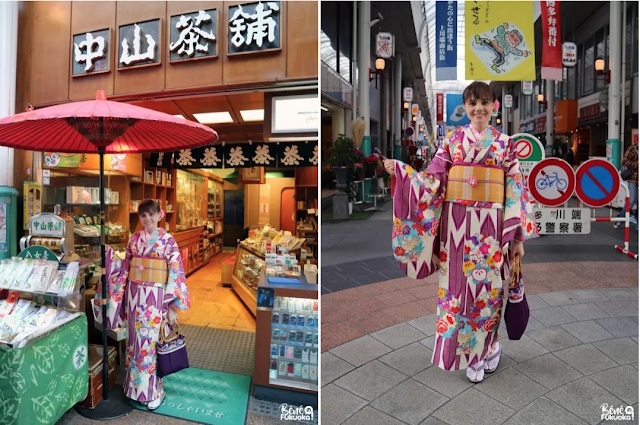 着物を着て福岡市の川端商店街を歩きました。