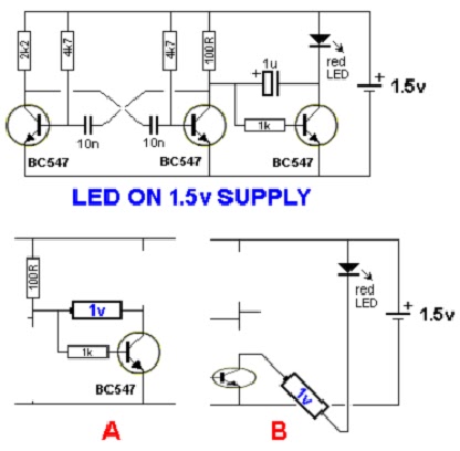 1.5v LED FLASHER & LED on 1.5v SUPPLY | Electronic Circuits Diagram