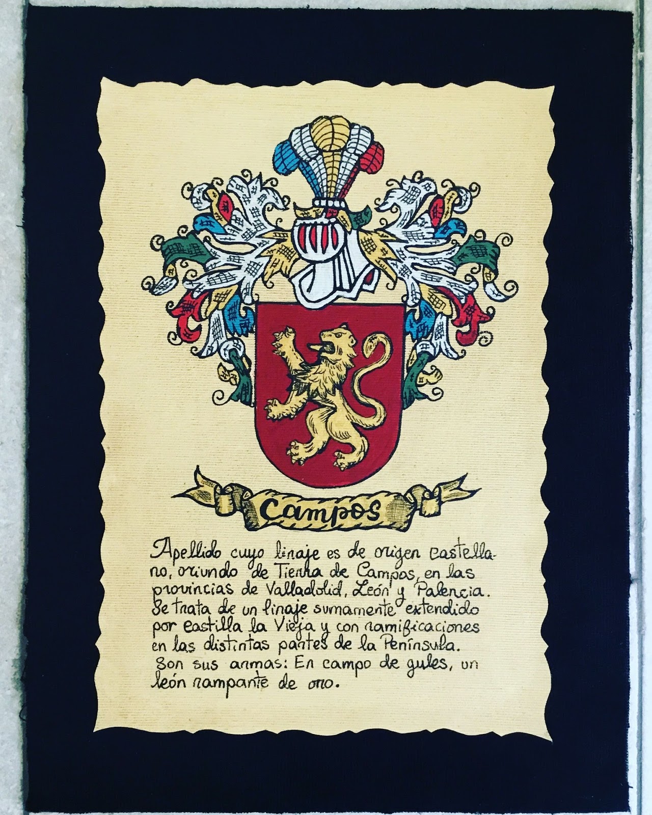 Todo de heráldica Apellido Campos en Pergamino pintado a mano