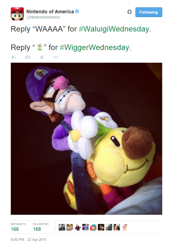 #WiggerWednesday WiggerWednesday Wigger Wednesday Wiggler Nintendo of America tweet typo Waluigi