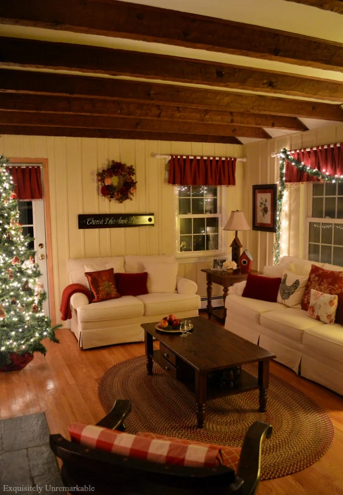 Cottage Style Christmas Tree And Living Room Decor At night