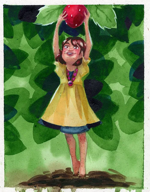 hemp paper, watercolor illustration, kidlit illustration, cute illustration, berry picking, kid picking berries