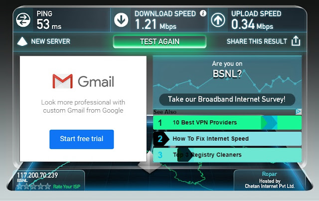 Result of internet speed test by ookla speedtest.net