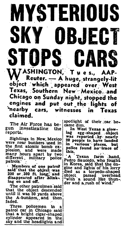 Mysterious Sky Object Stops Cars - The Sun 11-6-1957 Mysterious Sky Object Stops Cars - The Sun 11-6-1957