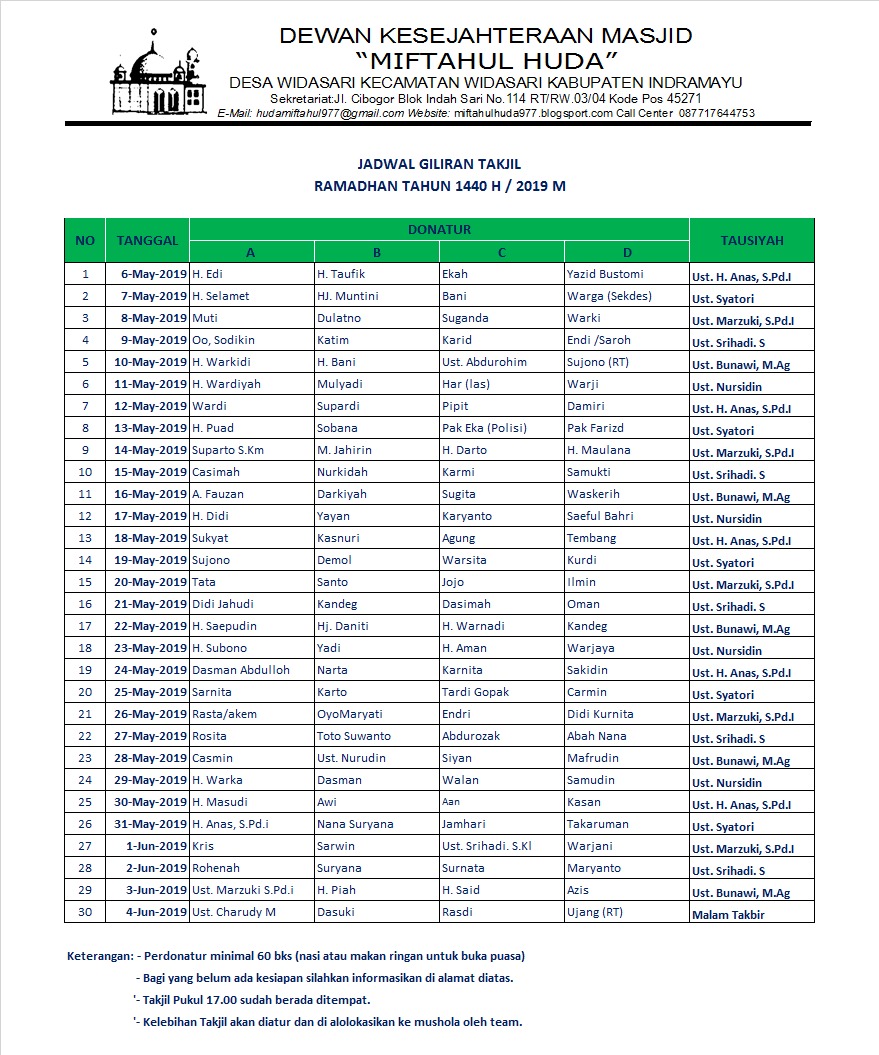 Jadwal Takjil Ramadhan 1440 H 2019 M