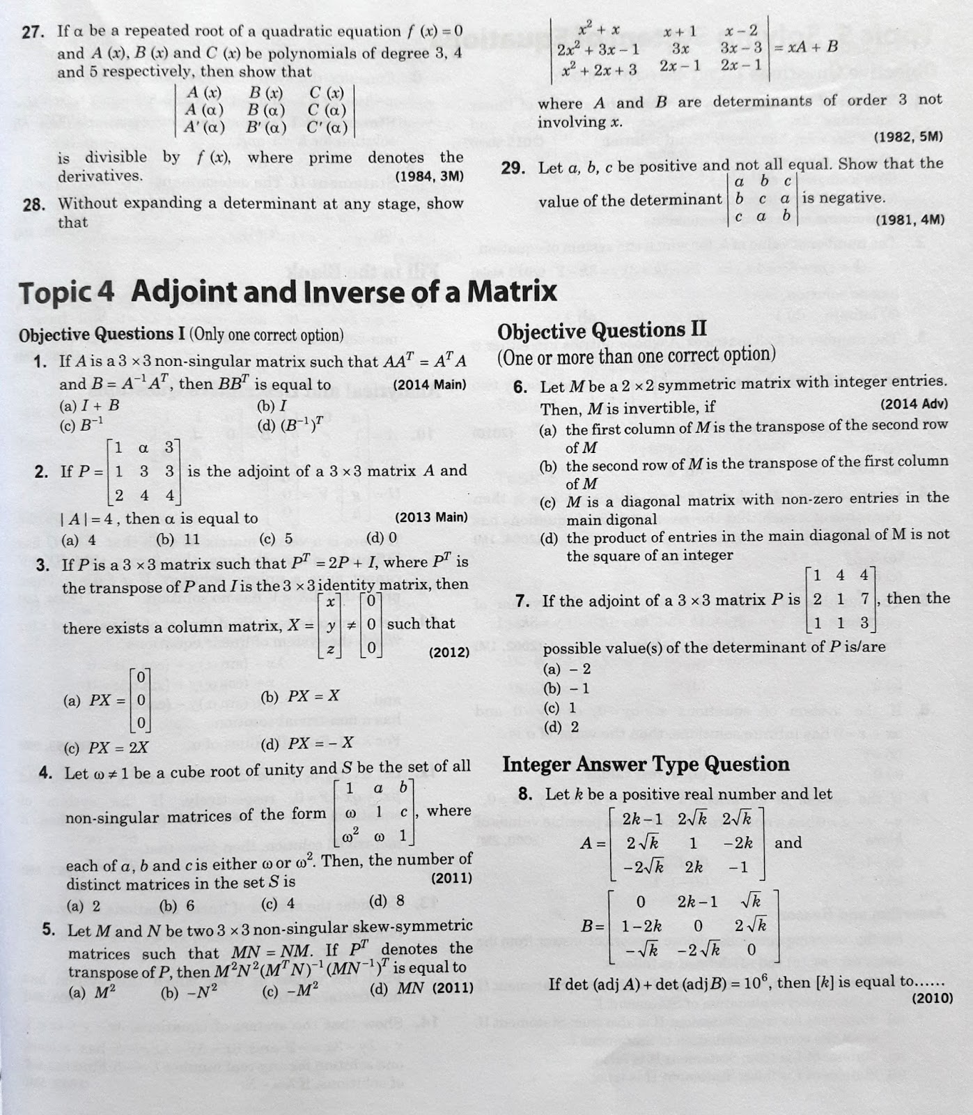 Matrices and Determinants JEE Advanced 38 Year Previous Year Questions
