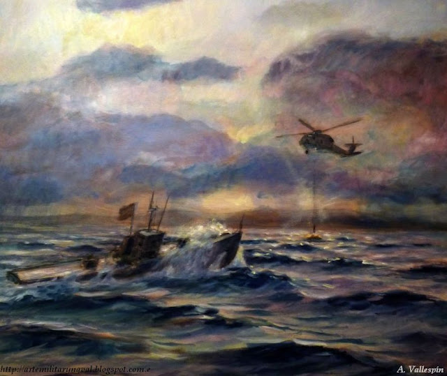 Pintura al óleo de un rescate de naufragos en el mar