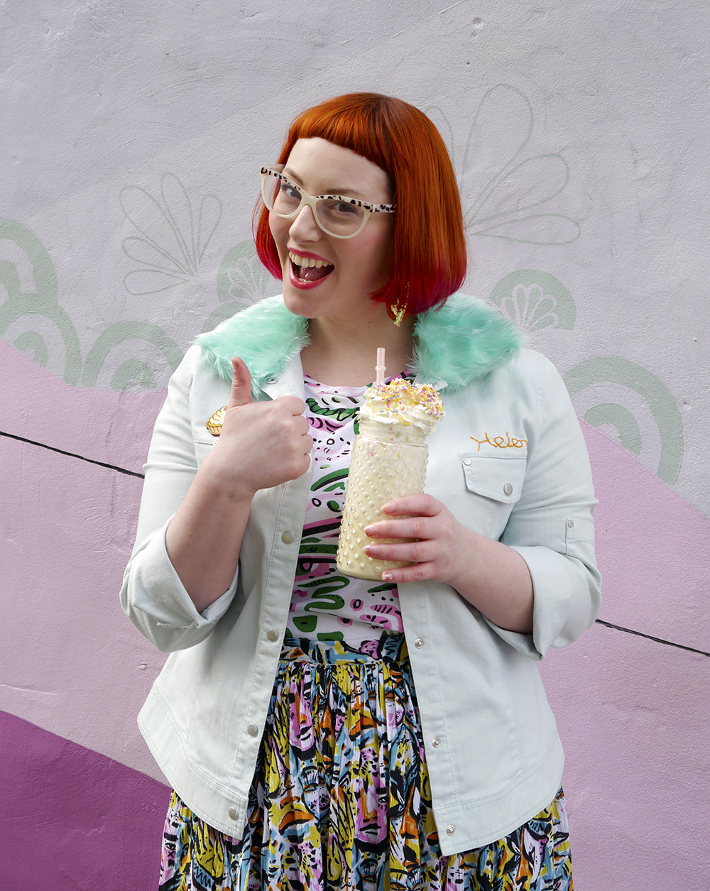 Pattern Clash Colourful Outfit Styled by Helen, Wardrobe Conversations, Scottish Blogger, Edinburgh Blogger, Dundee Blogger, red head, ginger bob, Spex Pistols glasses, leopard print glasses, customised denim jacket, mint fur collar, Monki prints, Monki tshirt, Monki x Lynnie Zulu, Lynnie Zulu for Monki, River Island white lace up shoes, Rockcakes brooch, Rock Cakes pin badges, personalised denim jacket, Lucky Dip pins, milkshake with sprinkles, Roller Shakes, Blog Birthday, Style Diner, Kate George Mural Edinburgh, wall art Edinburgh, Edinburgh South side, Lou Taylor, tropical earrings, skinny dip london milk bag, novelty bag, milk bag