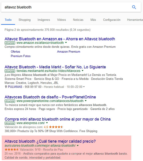 Segunda página de la Serp de Google para la búsqueda de la keyword altavoz Bluetooth