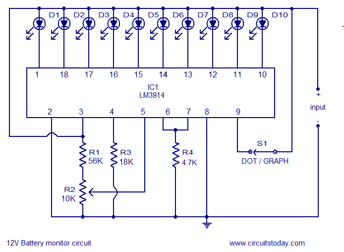 LED circuit level indicator 12V battery ~Circuit diagram