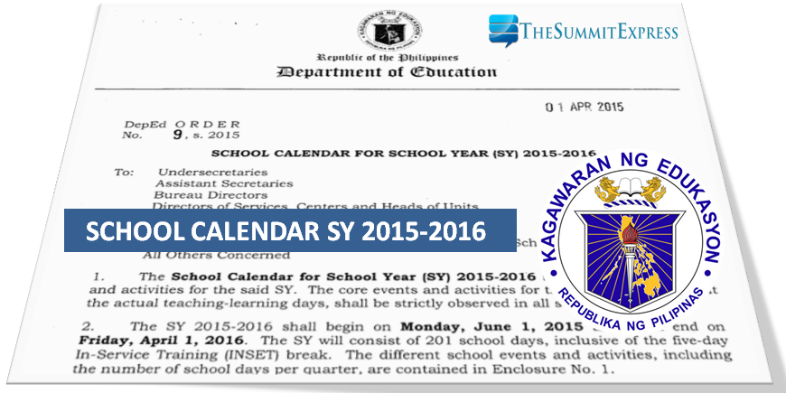 DepEd releases school calendar for SY 2015-2016; classes to open June 1