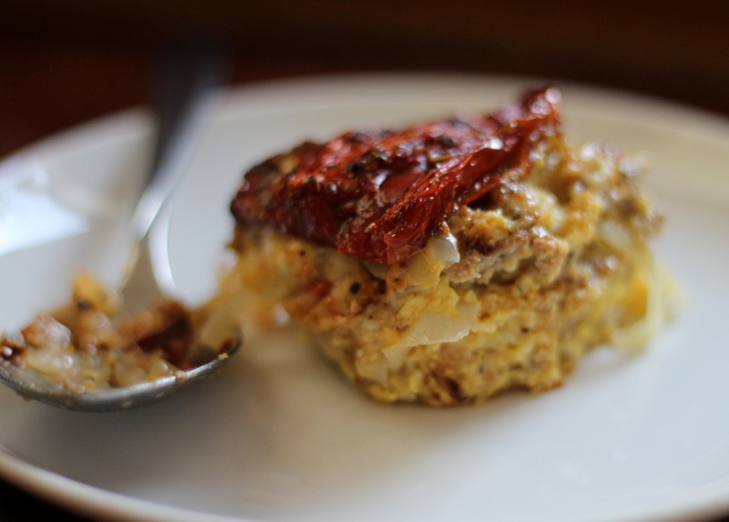 Jennifer Murch tomato bread pudding with caramelized onions and sausage