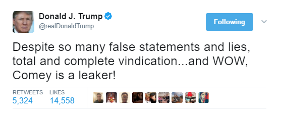 unnamed President Donald Trump finally tweets in reaction to James Comey's hearing