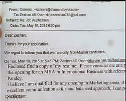 Muslim youth denied job by company that says it hires only 'non-Muslim candidates'.