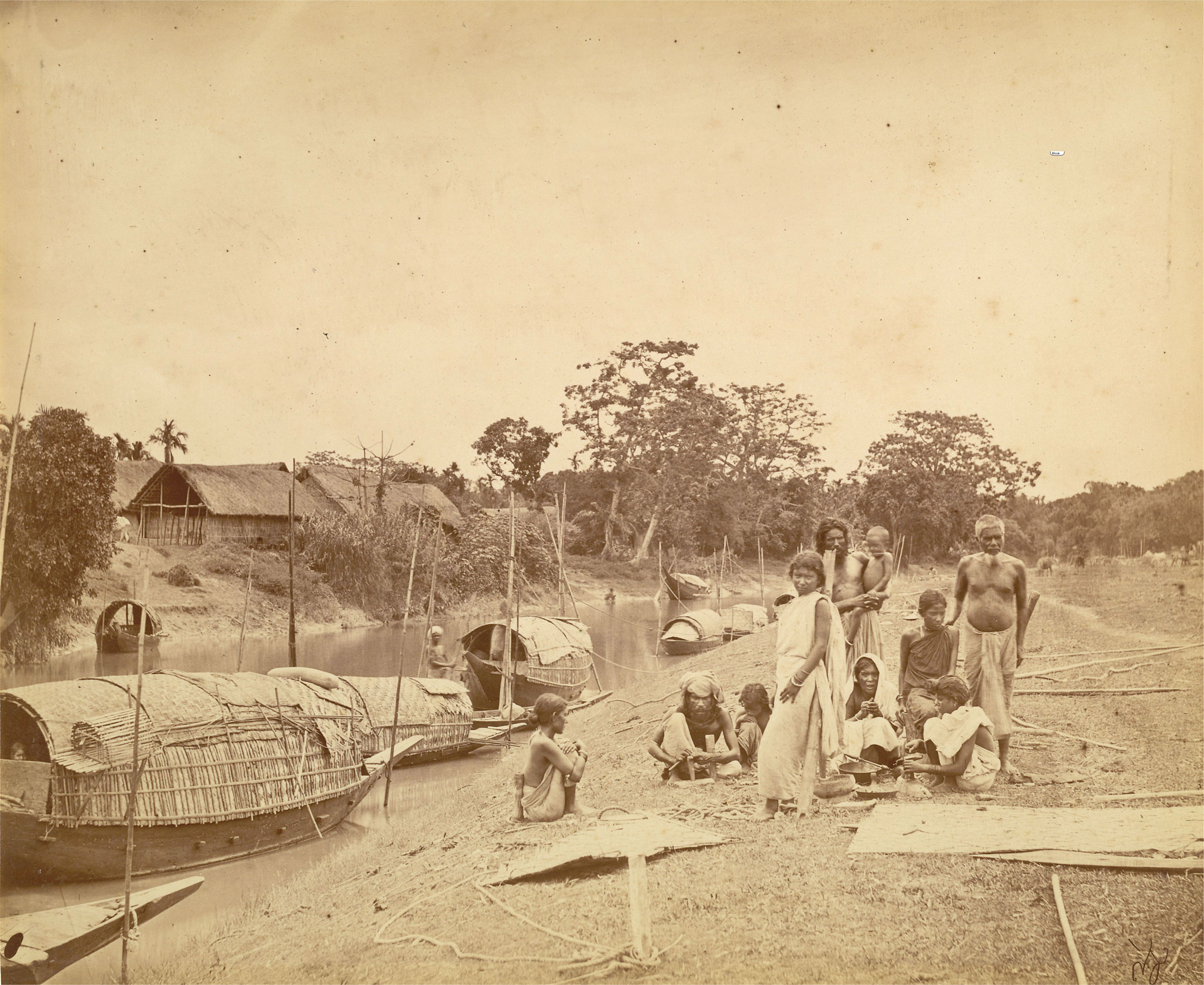 A Family on Riverside with Boats and Village in the background - Eastern  Bengal c1860's - Old Indian Photos