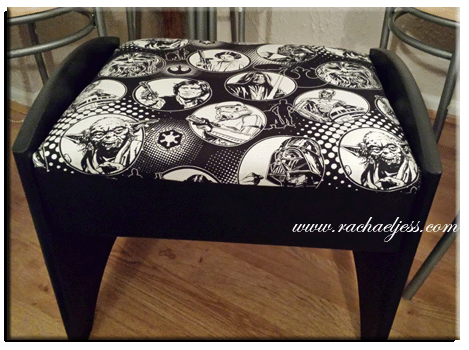 reupholstering an old dressing table stool with Star Wars Fabric 