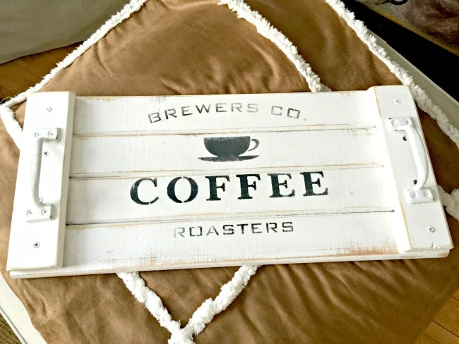 White rustic tray with coffee stencil
