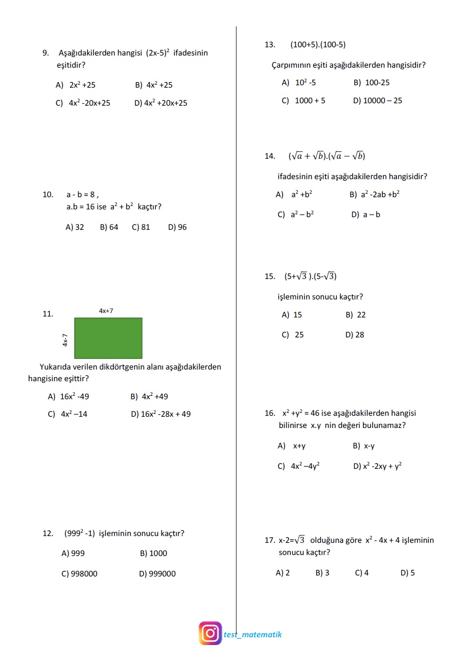 8 Sinif Ozdeslikler Tarama Testi Test Matematik