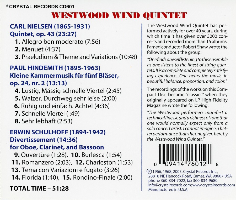 makdelart classique Westwood Wind Quintet Nielsen, Hindemith