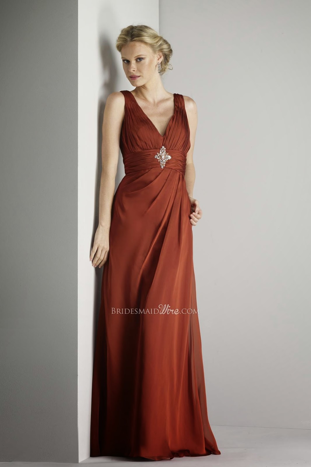 Copper Chiffon Sweetheart Pleated V-neck Floor Length Evening Formal Gown-1