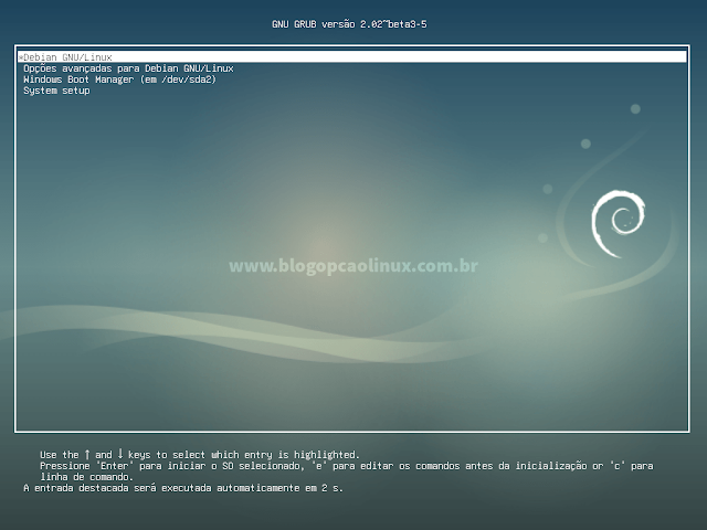 Tela do GRUB exibindo os sistemas operacionais "Debian GNU/Linux" e o "Windows"