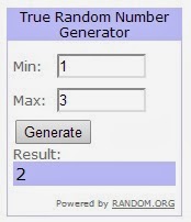 True Random Number Generator showing that out of 3 numbers, it has chosen number 2