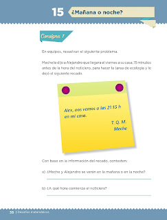 Apoyo Primaria Desafíos matemáticos 5to grado Bloque I lección 15 ¿Mañana o noche?