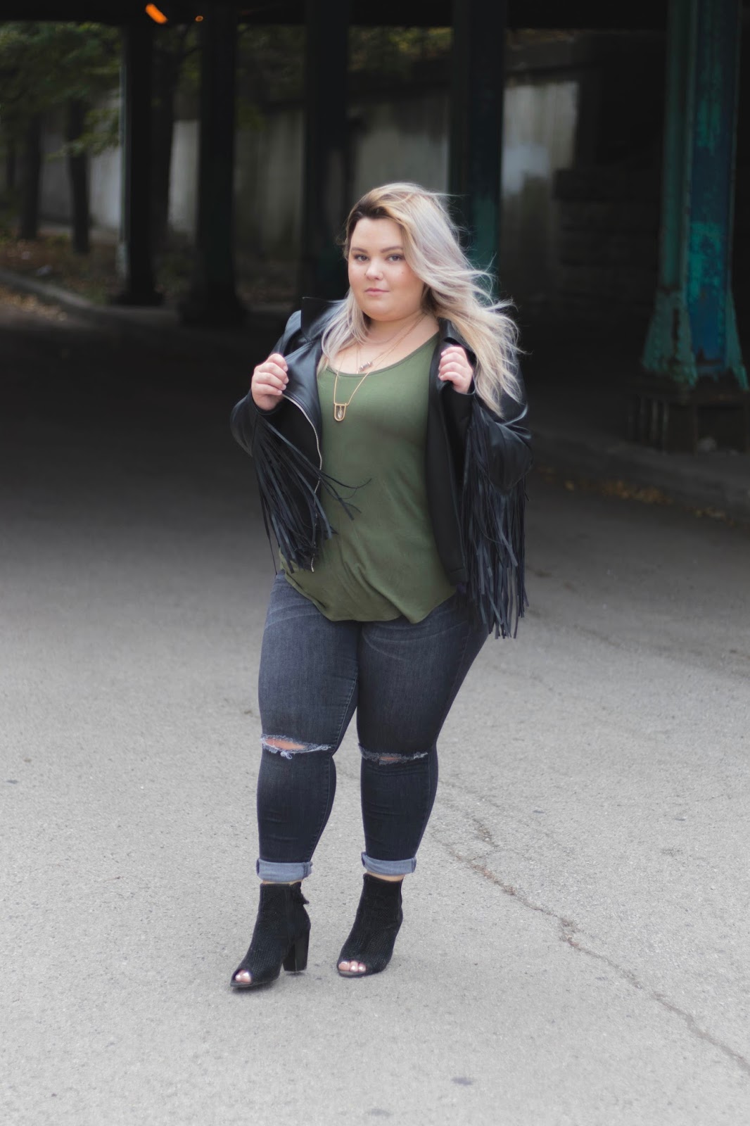natalie in the city, natalie Craig, plus size fashion, Chicago plus size fashion blogger, affordable plus size clothes, fashion to figure, fringe faux leather moto jacket, plus size leather jacket, target mossimo jeans, best plus size jeans, open toed wide width booties, midwest blogger, Chicago plus size model, curves and confidence