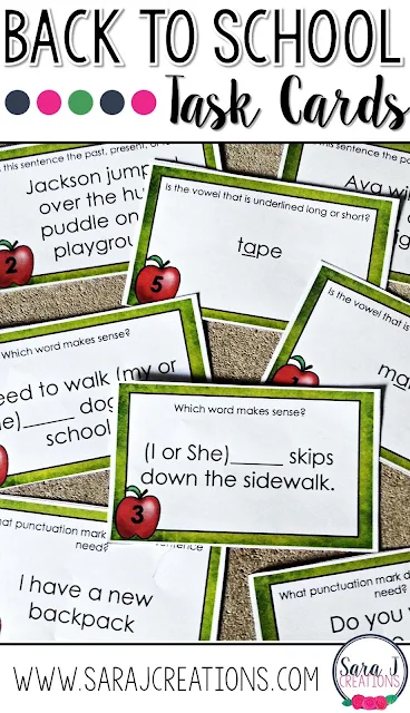 Back to school language arts task cards are perfect for the beginning of the year.  A great way to review concepts and use in an ELA center.