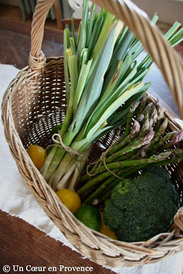 A former oval wicker basket filled with fresh leaks and asparagus