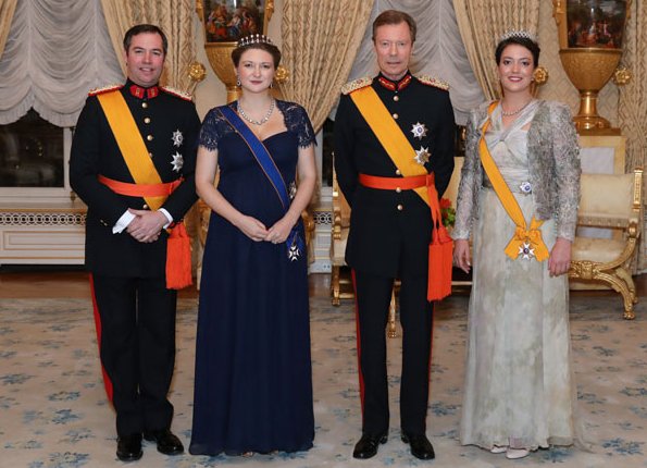 Princess Stephanie wore Seraphine navy blue silk and lace maternity evening dress. Hereditary Grand Duchess Stephanie and Princess Alexandra