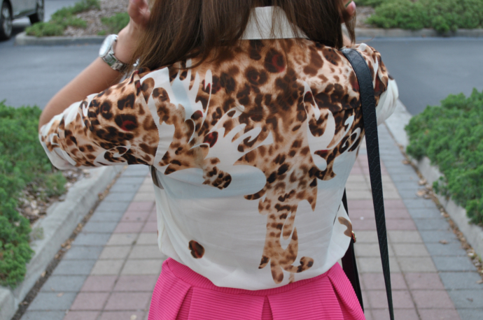Choies Leopard Print Shirt Blouse, Boohoo Fuchsia skater skirt, steve madden bag