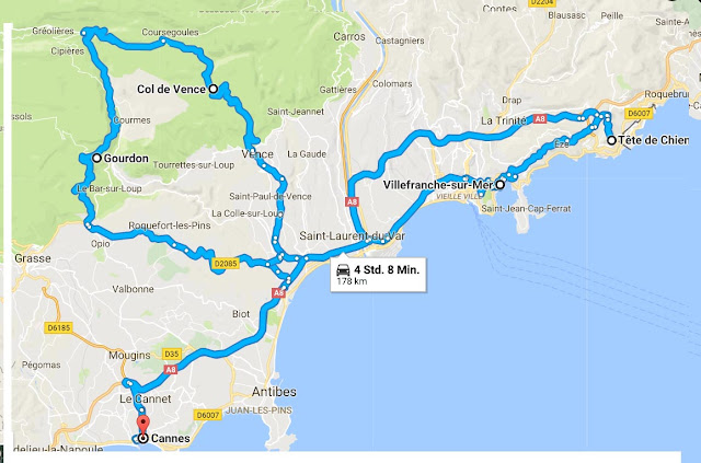 Google Map Strecke von Cannes nach Gourdon, Tête de Chien