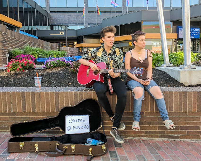 Portland, Maine USA June 2017 photo by Corey Templeton. A couple of entrepreneurial buskers raising money for college on Congress Street.