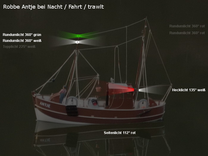 Antje von Robbe - Position der möglichen neuen Beleuchtung - Topplicht und Rundumlichter - Fahrt / trawlt