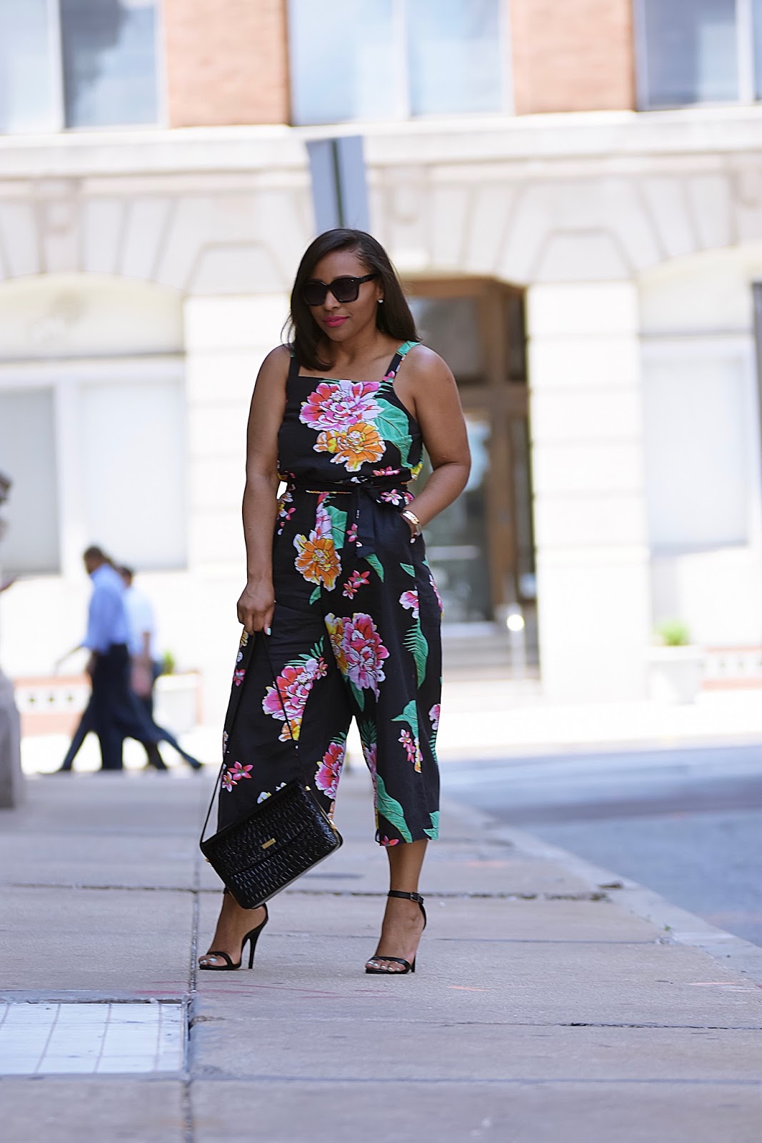 Summer Vibes Black Floral Jumpsuit, old navy, tropical prints, summer outfit ideas, baltimore, old navy style, ankle strap heels, linen jumpsuit, summer styles, romper, details, dc bloggers, walking in street, floral print, summer looks