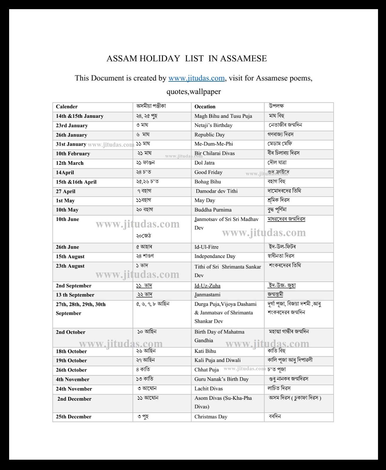 Latest Assam Holiday list in assmaese with Image Jitu Das's Blog