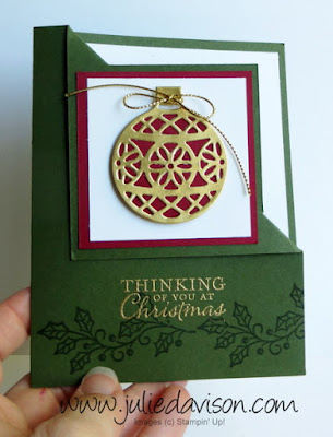 Video Tutorial for Corner Flip Card + Stampin' Up! Embellished Ornaments + Delicate Ornaments Framelits with Gold Foil #christmas #stampinup Holiday Catalog www.juliedavison.com