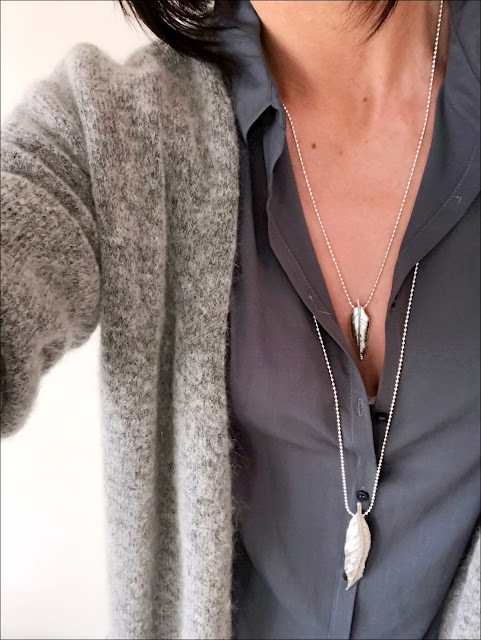 My Midlife Fashion, Olia Jewellery Feather Necklace, American Vintage shirt, H&M Mohair cardigan