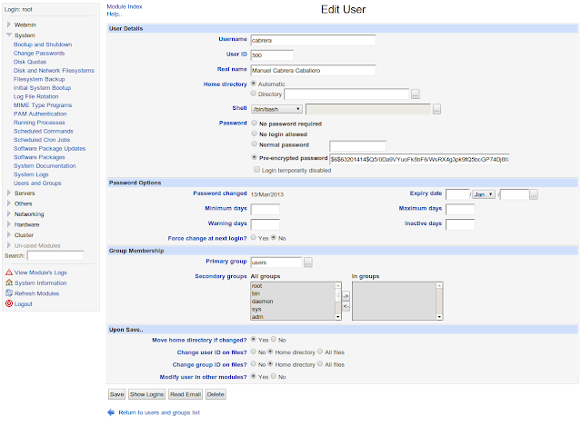 DriveMeca administrando usuarios en Linux desde Webmin DriveMeca administrando usuarios en Linux desde Webmin