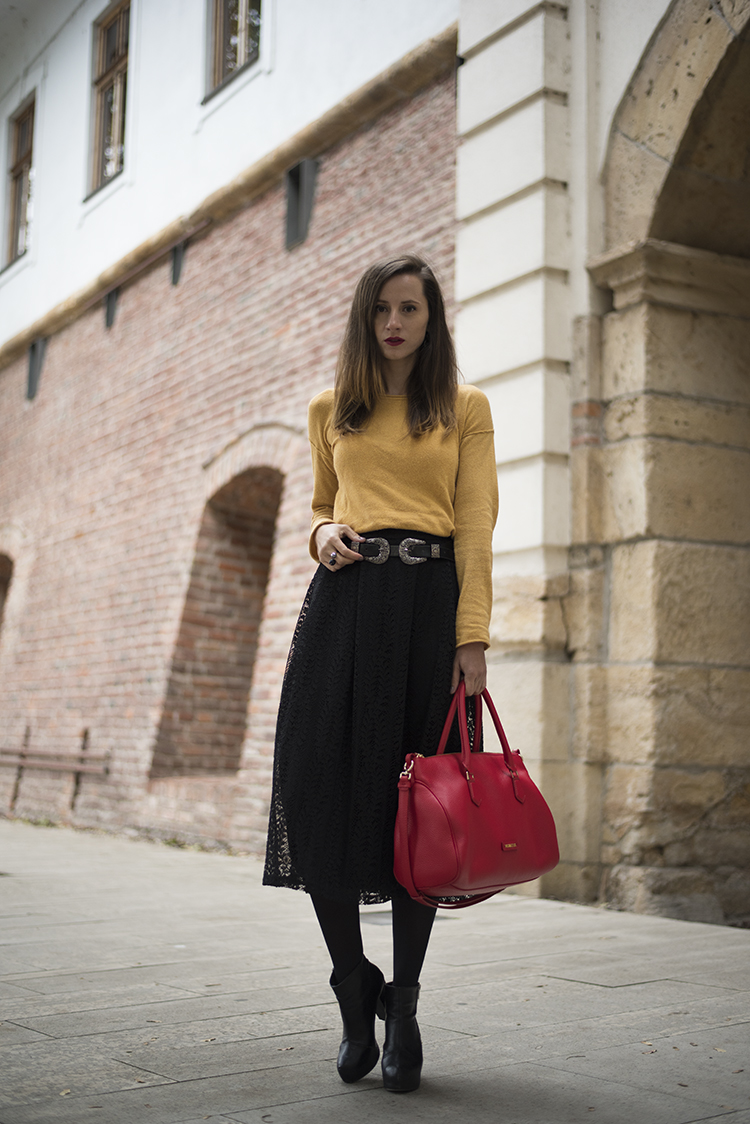 Skinny Buddha lace midi skirt Musette red bag Skinny Buddha lace midi skirt Musette red bag