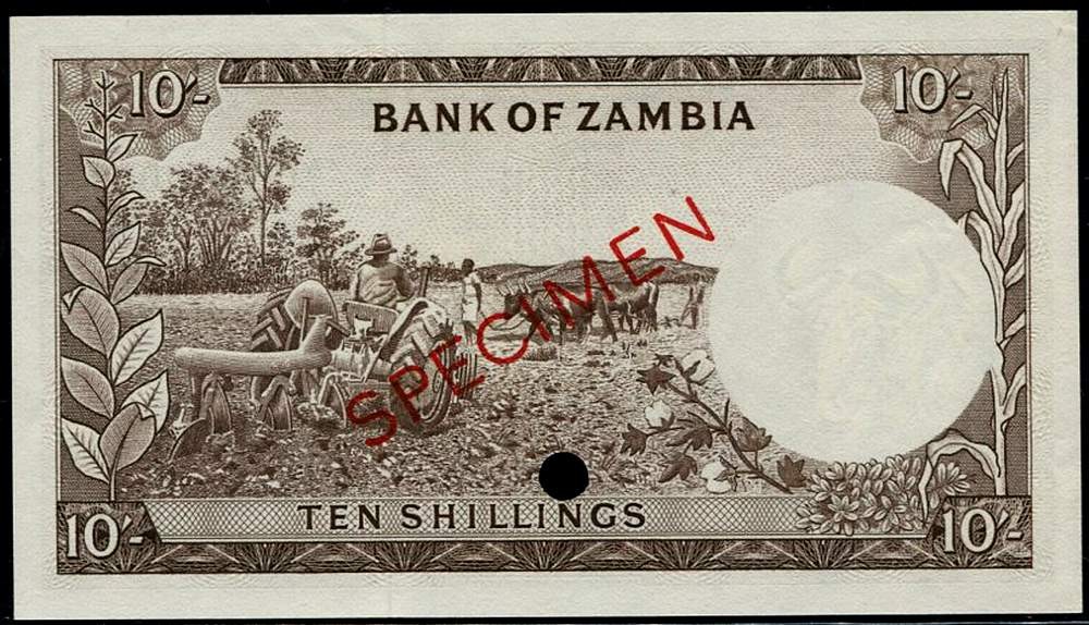 Currency of Zambia 10 Shillings banknote 1964 Chaplins barbetWorld