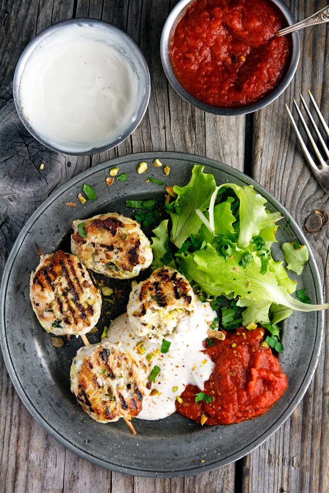 The Iron You Turkey Koftas with Roasted Red Chili Sauce and Tahini Yogurt