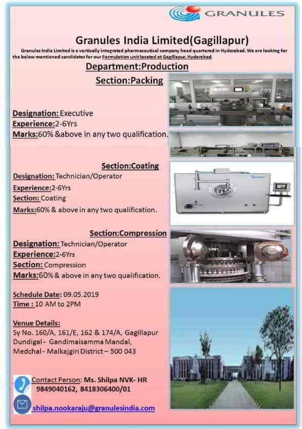 Granules India Ltd Walk In Drive For Production On 9th May 2019