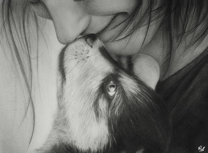 07-The-Girl-and-the-Puppy-Roberto-Matteazzi-Animal-Drawings-in-Black-and-White-Charcoal-Portraits-www-designstack-co