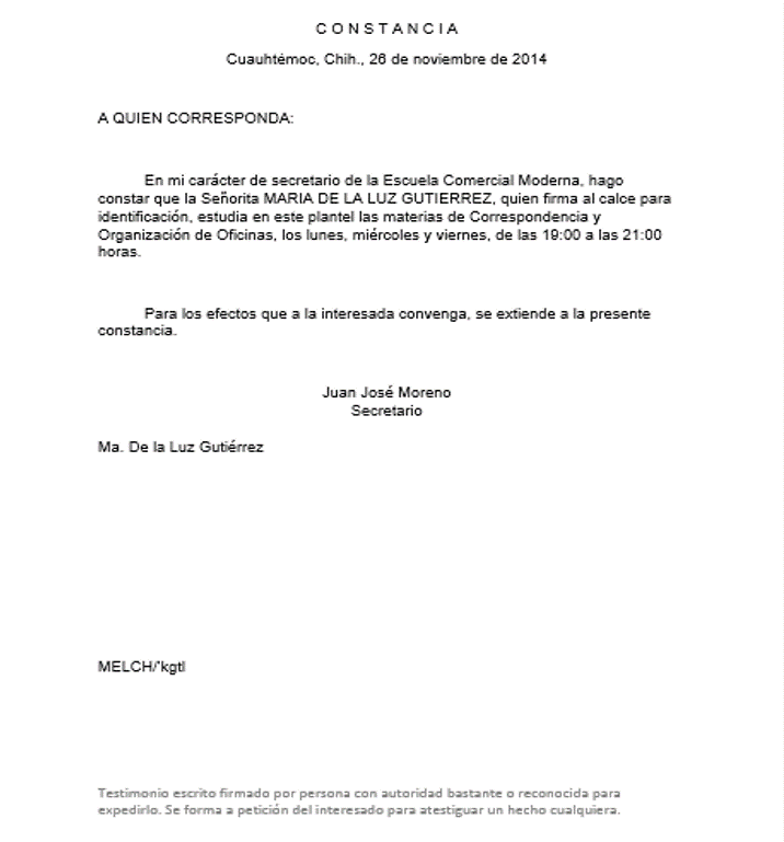 Elaborar documentos de oficina.: Constancia.