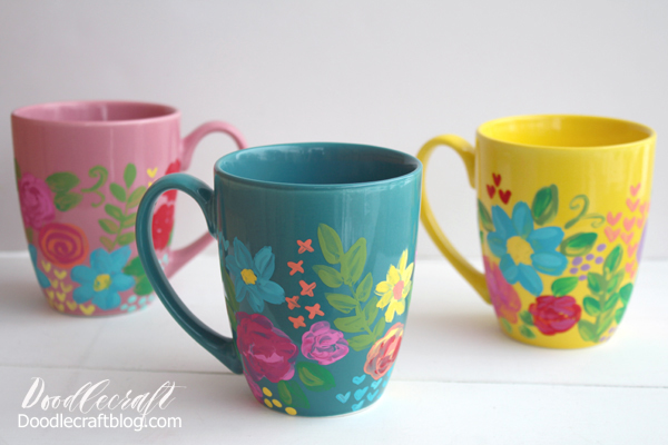 Hand Painted Floral Ceramic Mugs with Plaid Dishwasher Safe Mod Podge