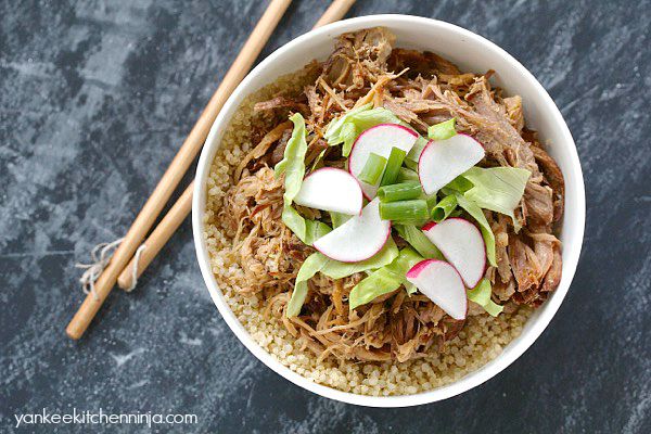 sweet and spicy slow cooker pork bowls -- easy and gluten free