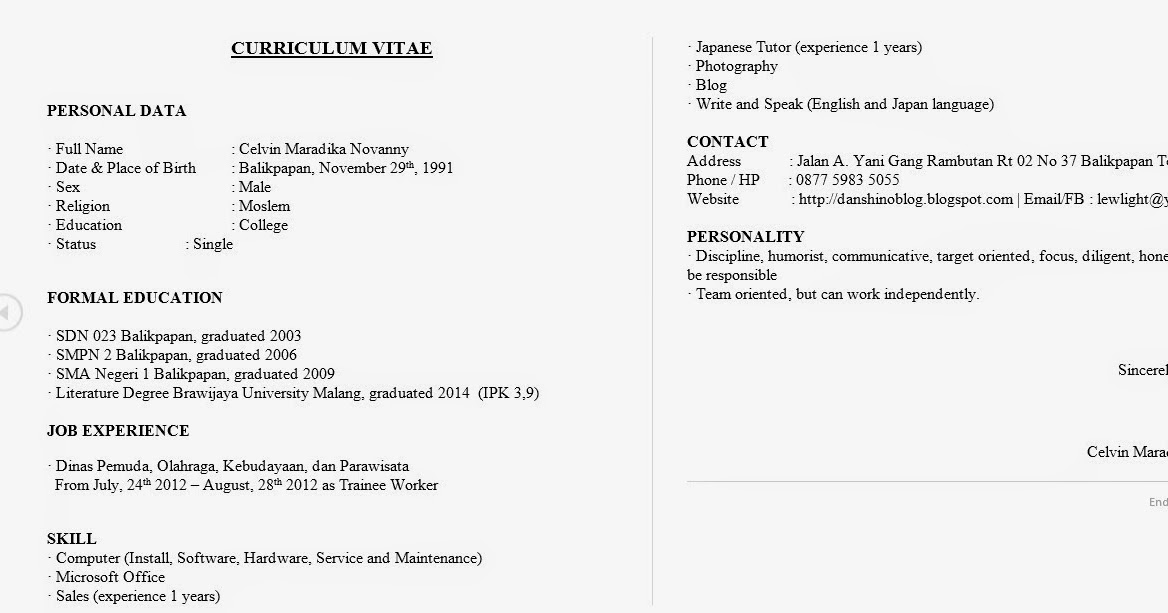 Curriculum Vitae - Daftar Riwayat Hidup ----Versi Danshi 