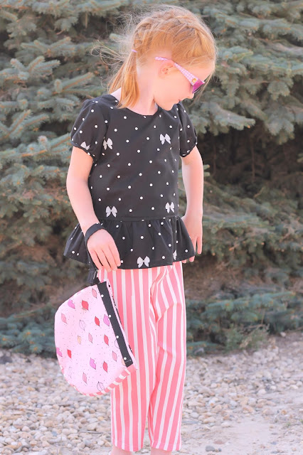 Sweet outfit with Polka Dot Peplum Top, Trendsetter Joggers and free little girl purse pattern